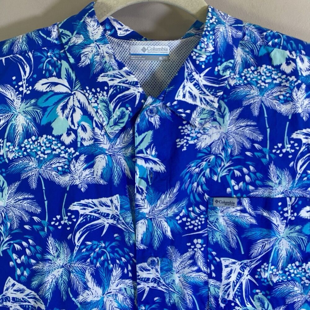 Columbia PFG Button Up Shirt Mens XL Blue Green Abstract Floral Fishing Casual